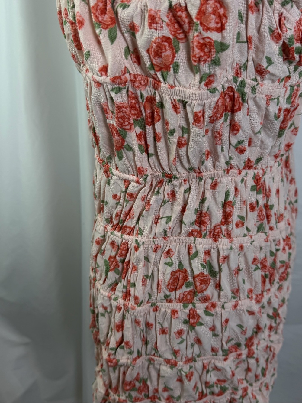 Floral Ruched Tie Strap Mini Dress Pink Rose Cottagecore Coquette Babydoll L - Picture 6 of 8